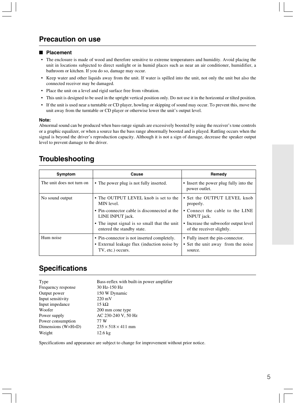 Precaution on use, Troubleshooting specifications | Onkyo HTP-103E User Manual | Page 5 / 8