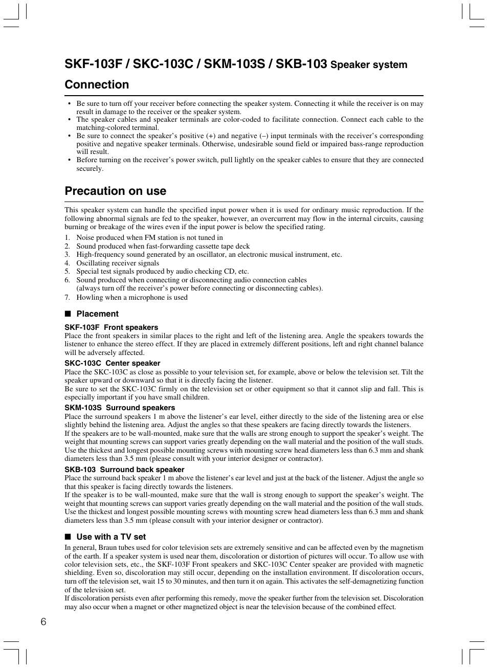 Connection, Precaution on use | Onkyo HTP-103E User Manual | Page 6 / 8