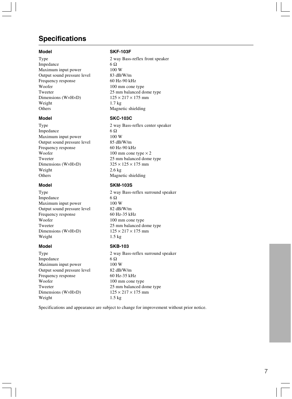 Specifications | Onkyo HTP-103E User Manual | Page 7 / 8