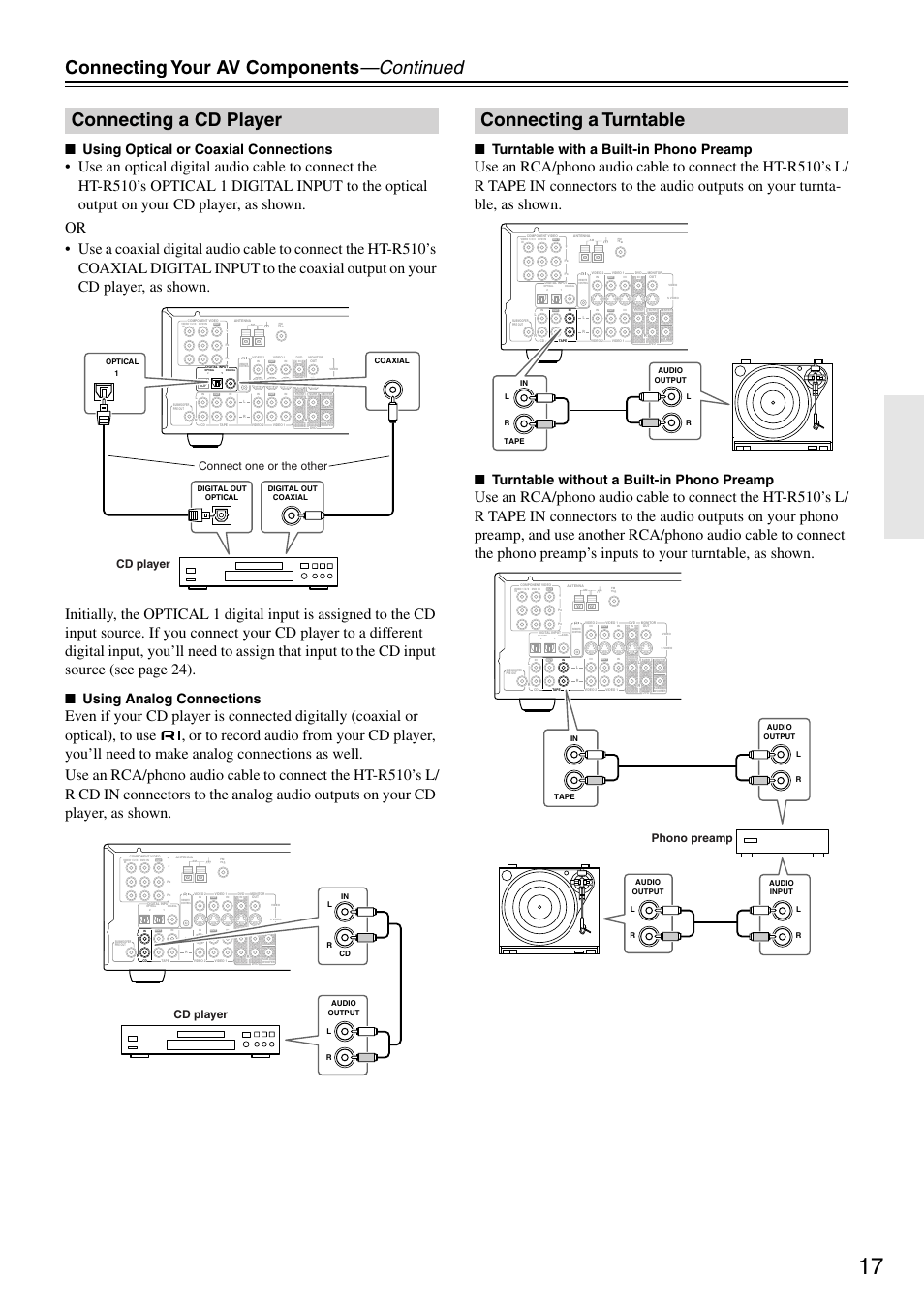 Connecting your av components —continued, Connecting a cd player, Connecting a turntable | Using optical or coaxial connections, Using analog connections, Turntable with a built-in phono preamp, Turntable without a built-in phono preamp, Connect one or the other cd player, Cd player, Phono preamp | Onkyo HT-R510 User Manual | Page 17 / 48