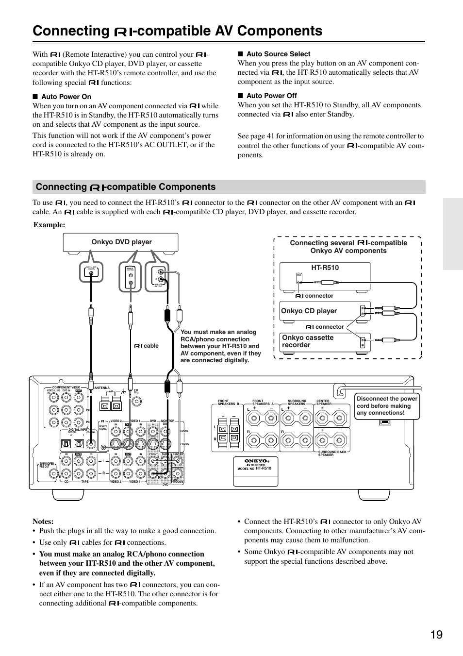 Connecting -compatible av components, Connecting -compatible components, Example | Auto power on, Auto source select, Auto power off, Onkyo dvd player, Connecting several -compatible onkyo av components, Ht-r510 onkyo cd player onkyo cassette recorder | Onkyo HT-R510 User Manual | Page 19 / 48