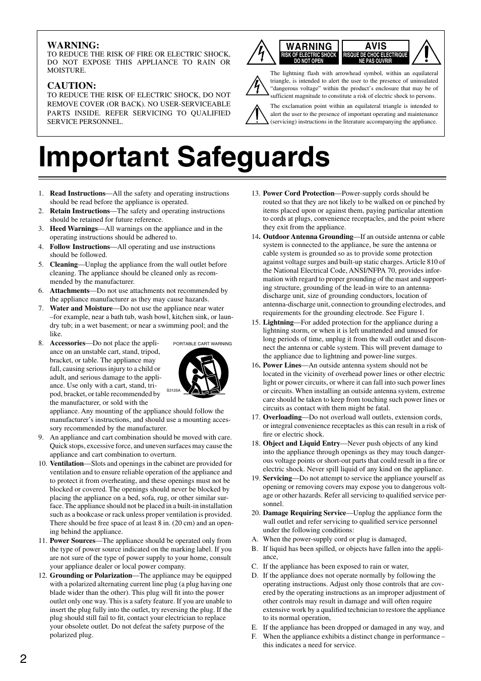 Important safeguards, Warning, Caution | Avis | Onkyo HT-R510 User Manual | Page 2 / 48