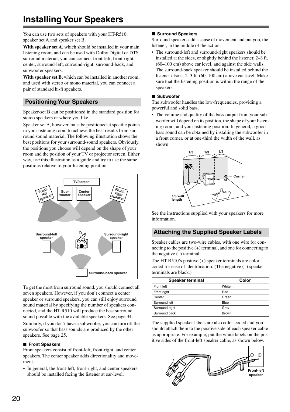 Installing your speakers, Positioning your speakers, Attaching the supplied speaker labels | Onkyo HT-R510 User Manual | Page 20 / 48