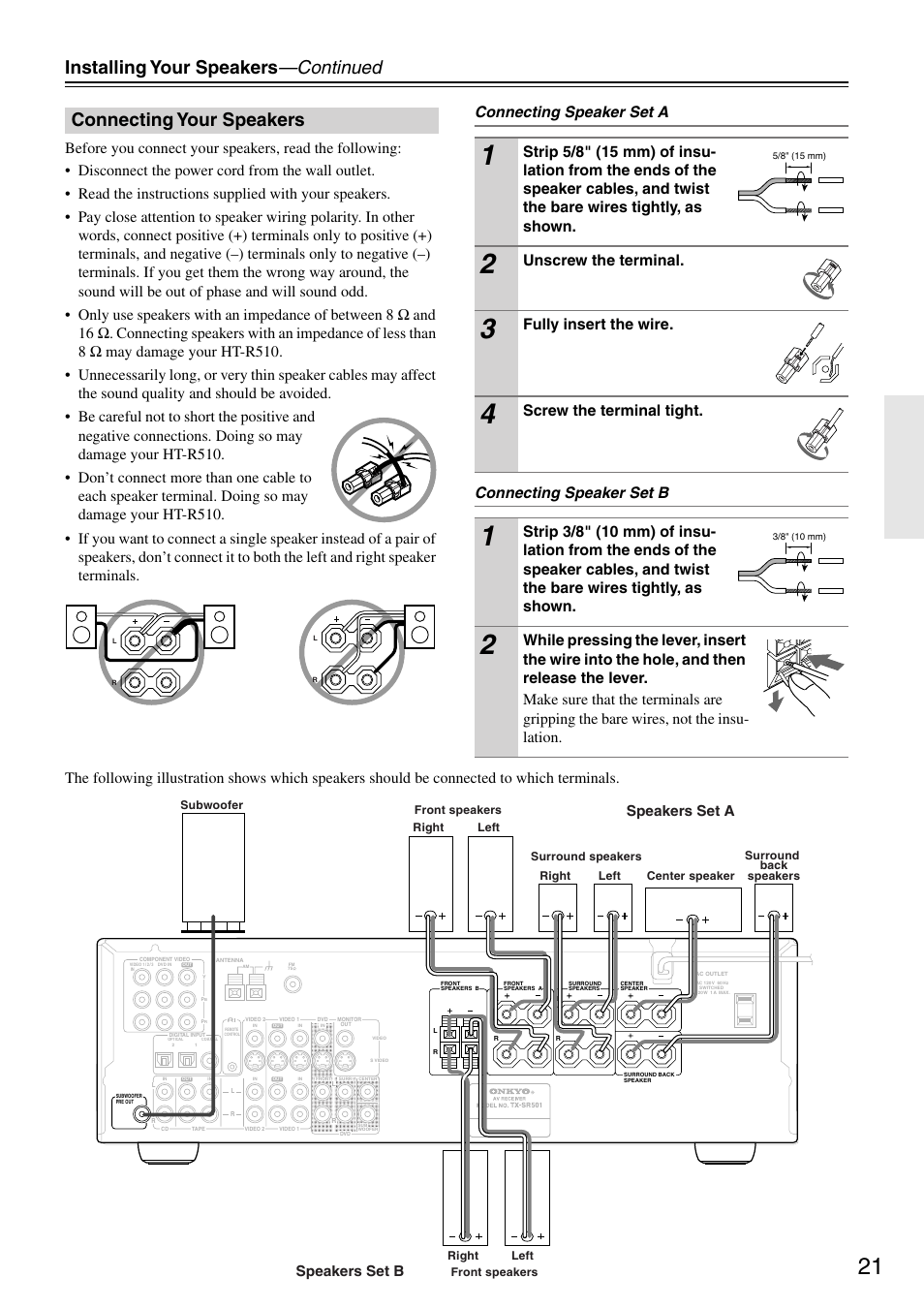 Installing your speakers —continued, Connecting your speakers, Unscrew the terminal | Fully insert the wire, Screw the terminal tight, Speakers set a speakers set b | Onkyo HT-R510 User Manual | Page 21 / 48