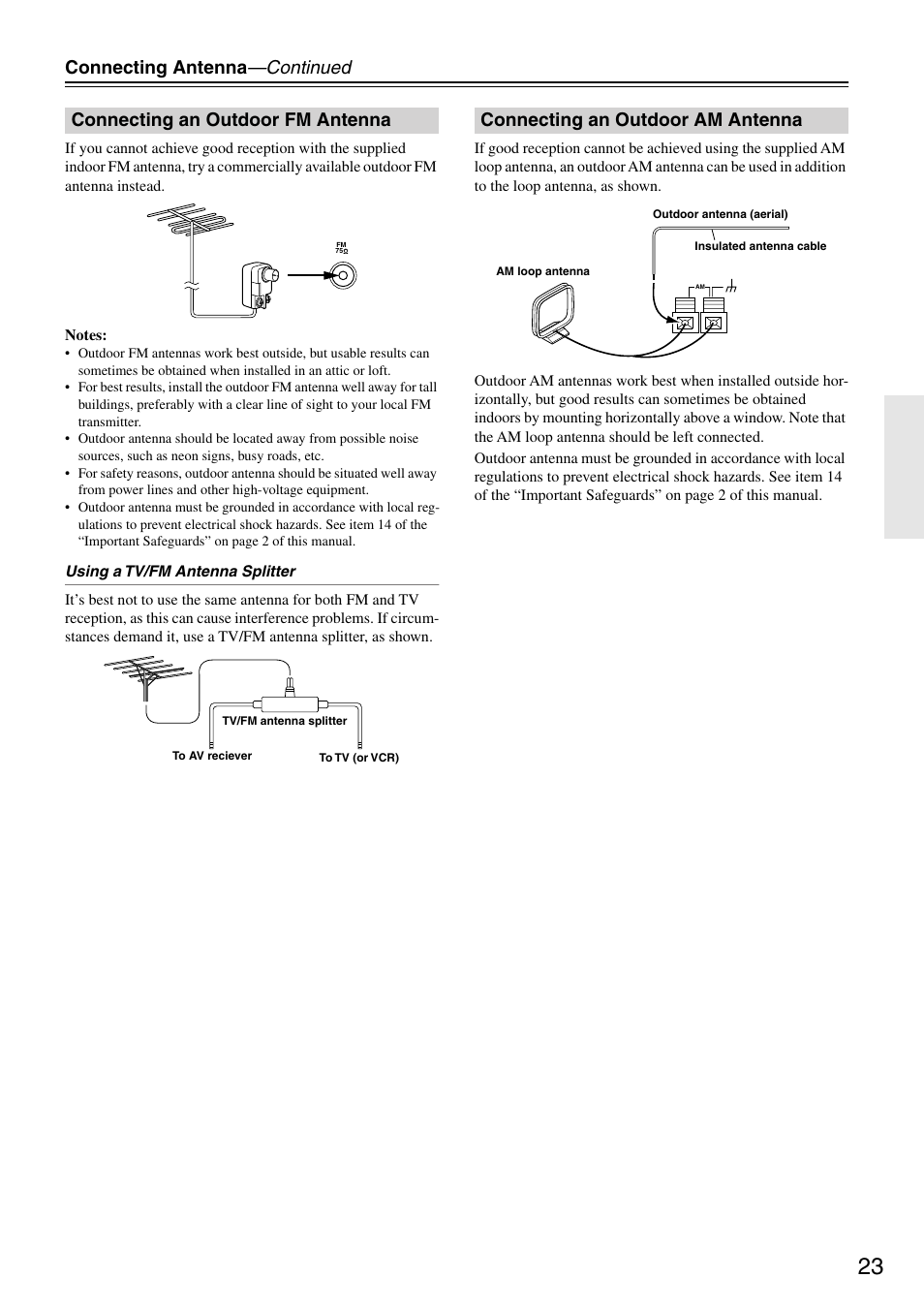 Connecting antenna —continued, Connecting an outdoor fm antenna, Connecting an outdoor am antenna | Onkyo HT-R510 User Manual | Page 23 / 48