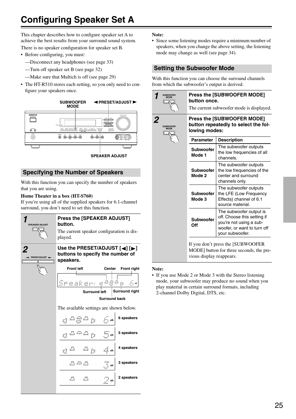 Configuring speaker set a, Specifying the number of speakers, Setting the subwoofer mode | Clear | Onkyo HT-R510 User Manual | Page 25 / 48