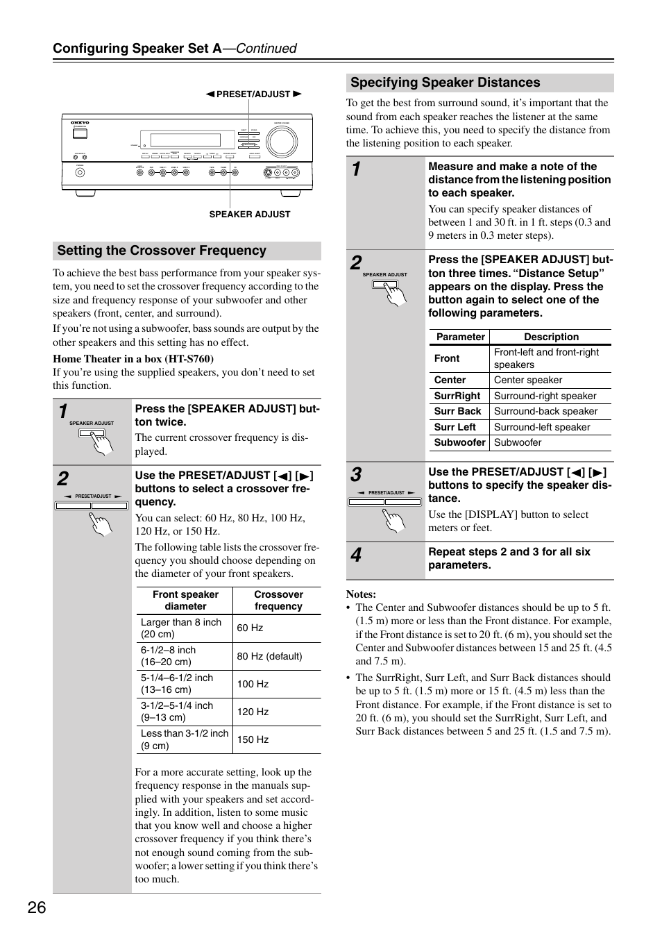 Configuring speaker set a —continued, Setting the crossover frequency, Specifying speaker distances | Repeat steps 2 and 3 for all six parameters | Onkyo HT-R510 User Manual | Page 26 / 48