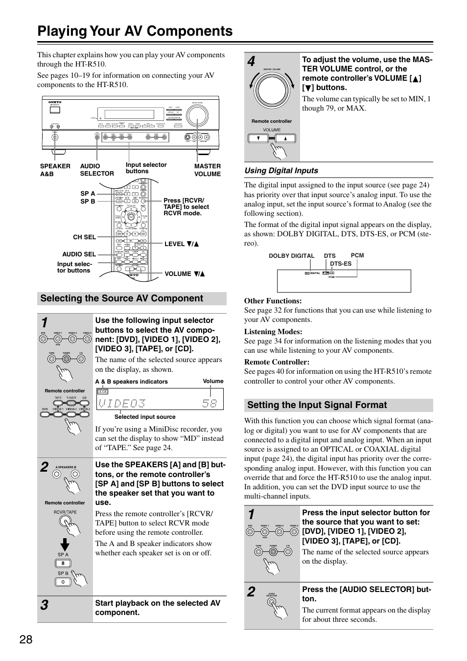Playing your av components, Selecting the source av component, Setting the input signal format | Start playback on the selected av component, Clear, Pcm dolby digital dts dts-es | Onkyo HT-R510 User Manual | Page 28 / 48