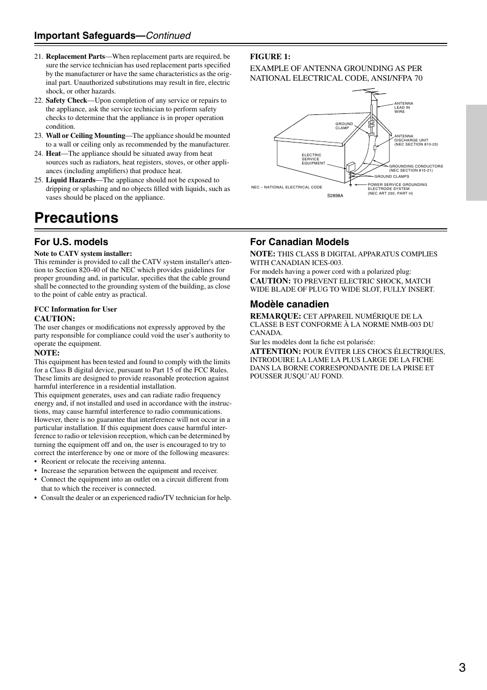 Precautions, Important safeguards— continued, For u.s. models | For canadian models, Modèle canadien | Onkyo HT-R510 User Manual | Page 3 / 48