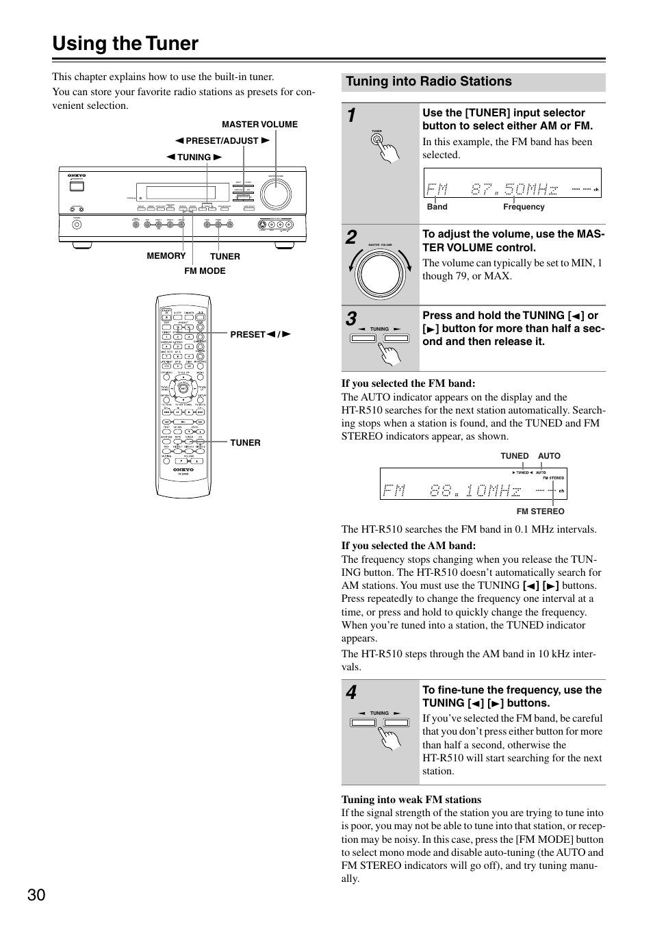 Using the tuner, Tuning into radio stations, Clear | Band frequency, Tuned auto fm stereo | Onkyo HT-R510 User Manual | Page 30 / 48