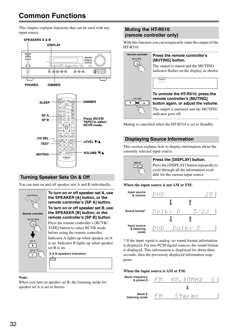Common functions, Turning speaker sets on & off, Muting the ht-r510 (remote controller only) | Displaying source information, Clear, A & b speakers indicators | Onkyo HT-R510 User Manual | Page 32 / 48