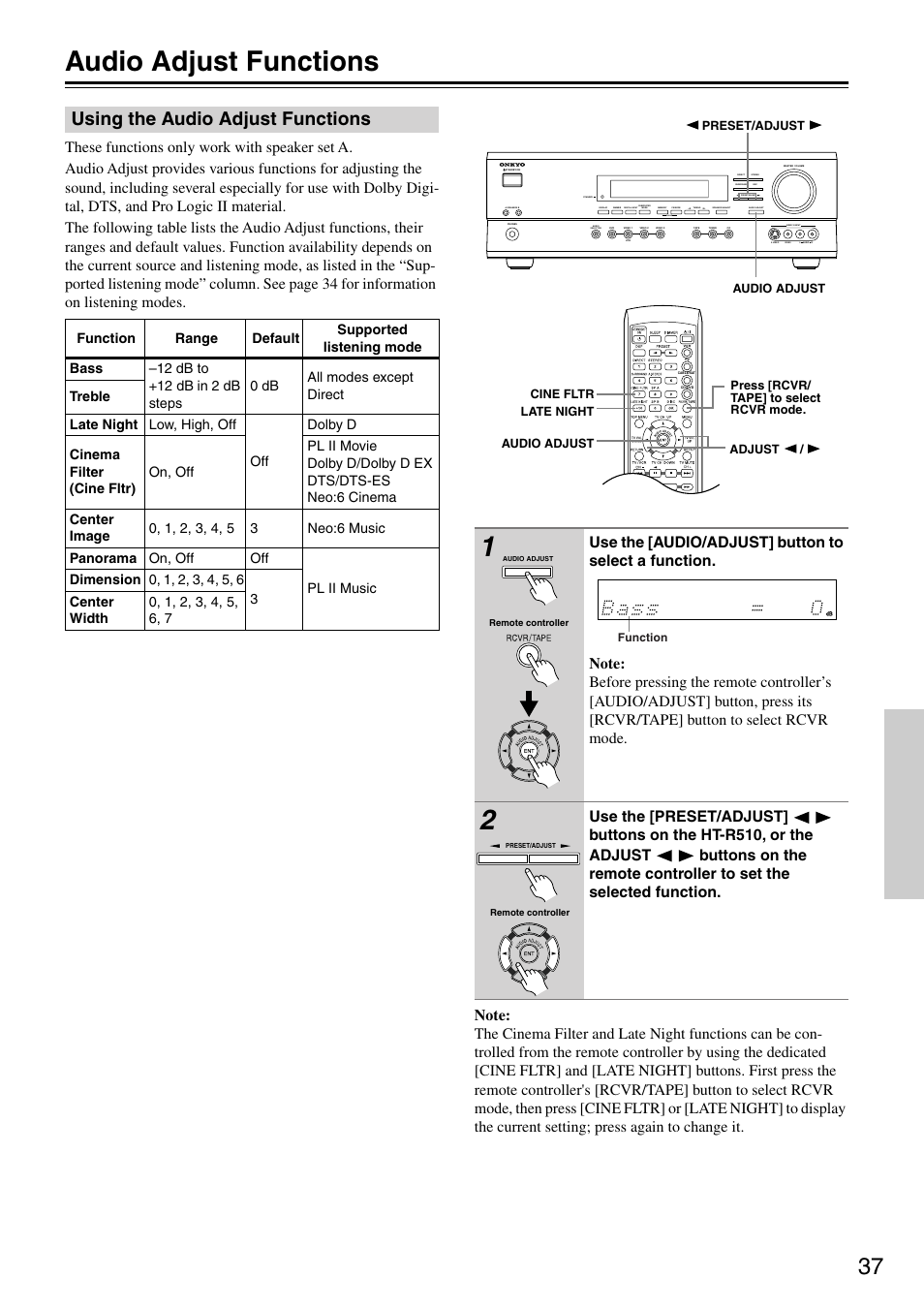 Audio adjust functions, Using the audio adjust functions, Clear | Onkyo HT-R510 User Manual | Page 37 / 48