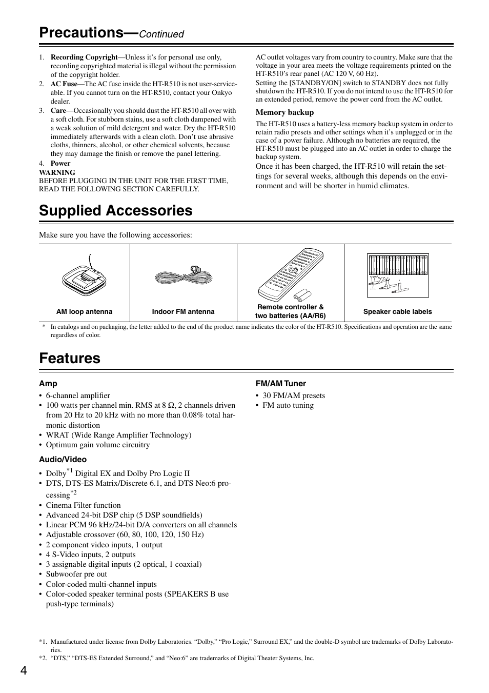 Precautions, Supplied accessories, Features | Continued, Make sure you have the following accessories, Speaker cable | Onkyo HT-R510 User Manual | Page 4 / 48