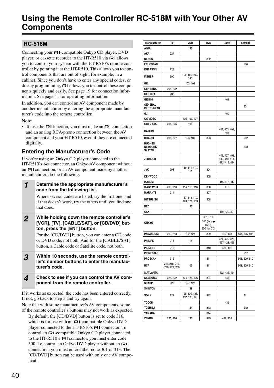 Entering the manufacturer’s code, Rc-518m | Onkyo HT-R510 User Manual | Page 40 / 48