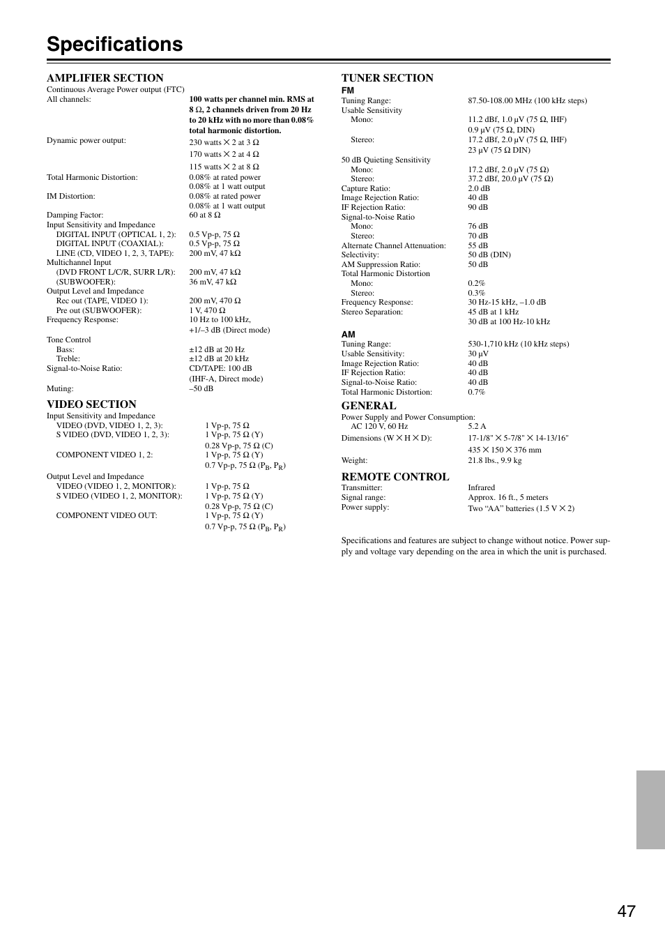 Specifications, General remote control | Onkyo HT-R510 User Manual | Page 47 / 48