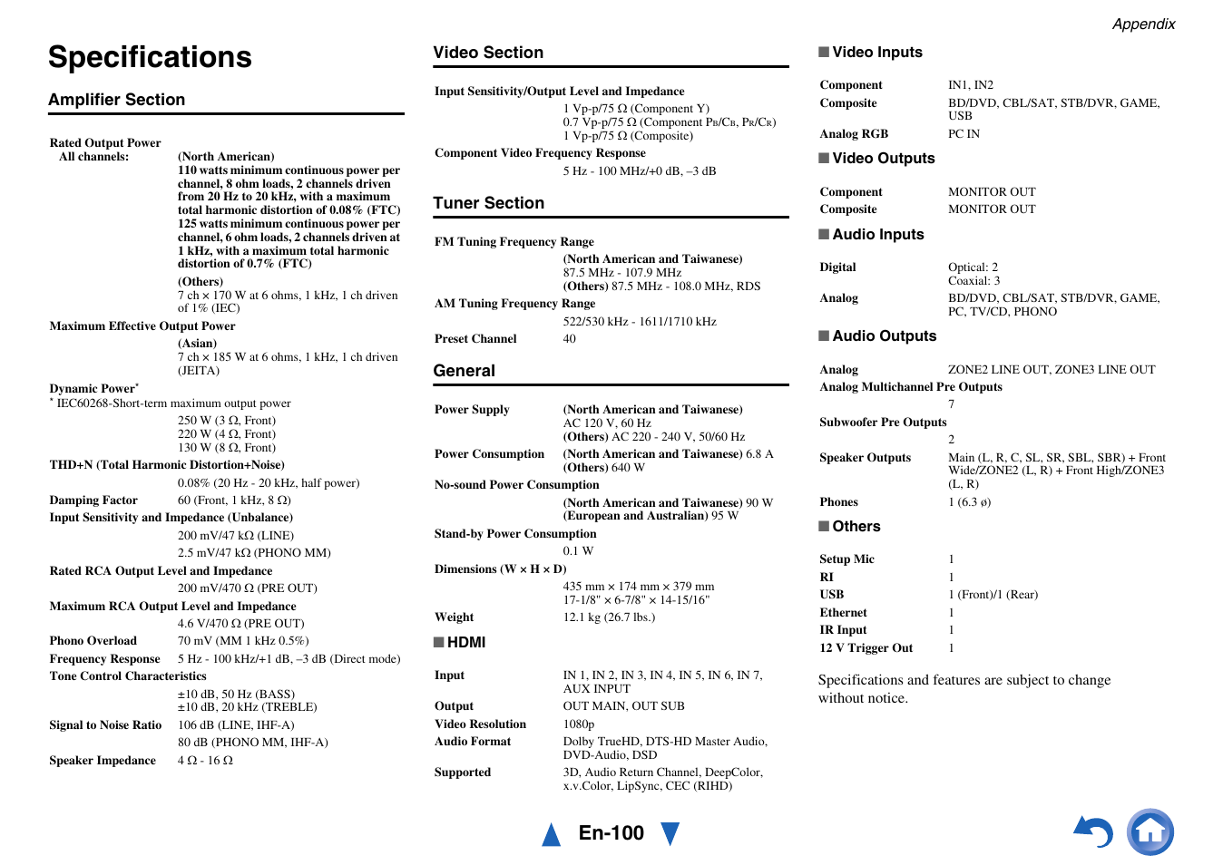 Specifications, En-100 | Onkyo TX-NR717 User Manual | Page 100 / 148