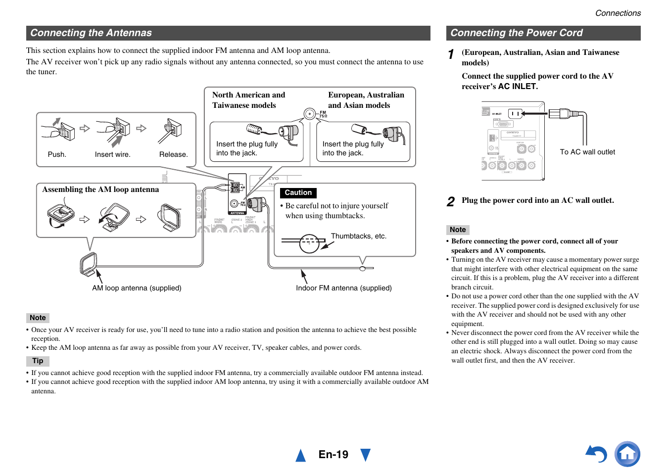 Connecting the antennas, Connecting the power cord, Connecting the antennas connecting the power cord | En-19 | Onkyo TX-NR717 User Manual | Page 19 / 148