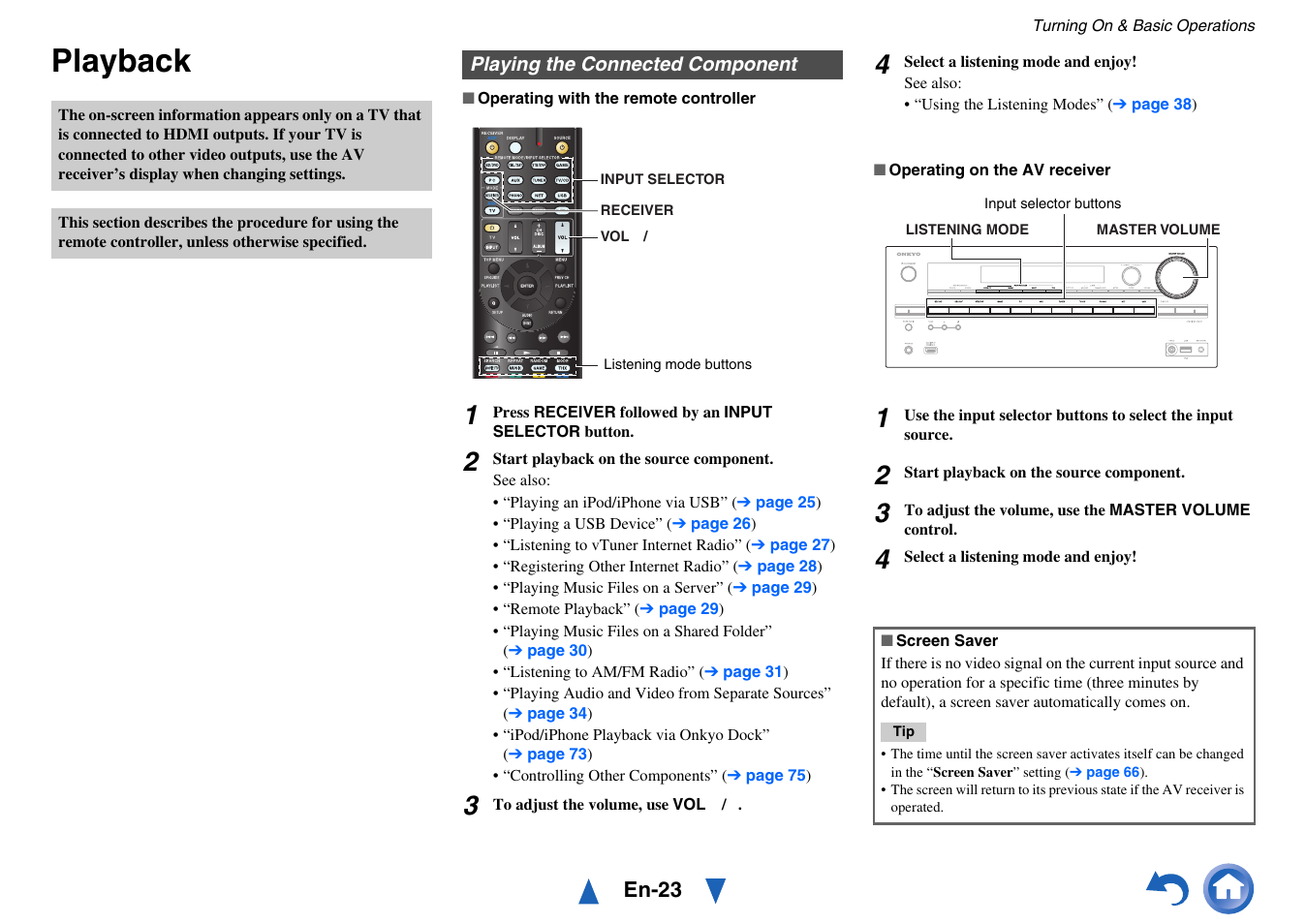 Playback, Playing the connected component | Onkyo TX-NR717 User Manual | Page 23 / 148