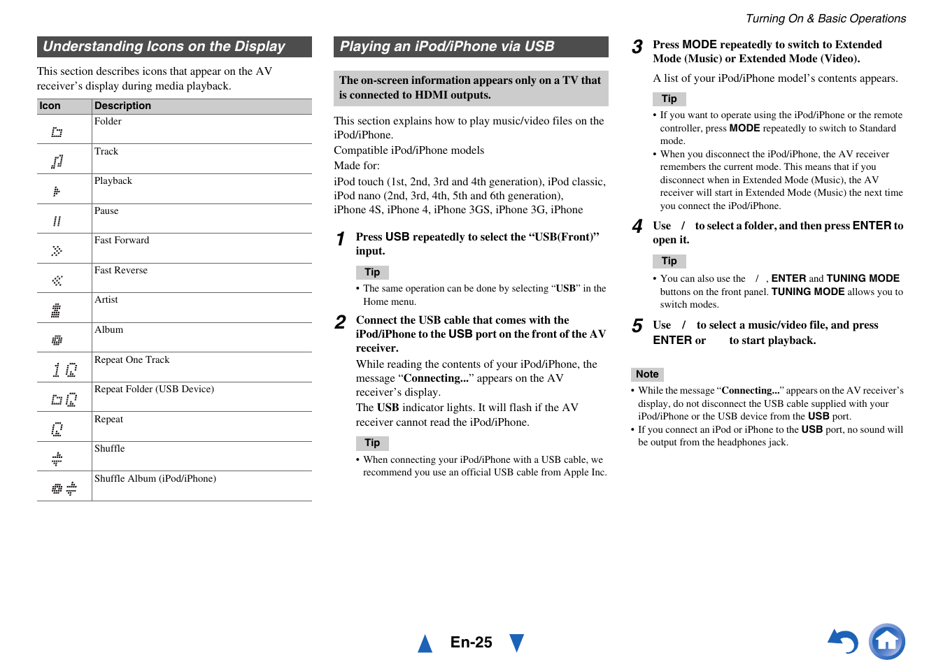 Understanding icons on the display, Playing an ipod/iphone via usb, En-25 | Onkyo TX-NR717 User Manual | Page 25 / 148