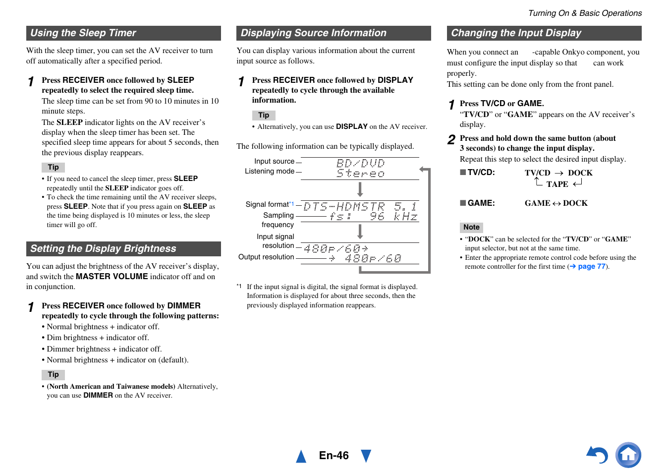 Using the sleep timer, Setting the display brightness, Displaying source information | Changing the input display, Models), En-46 | Onkyo TX-NR717 User Manual | Page 46 / 148