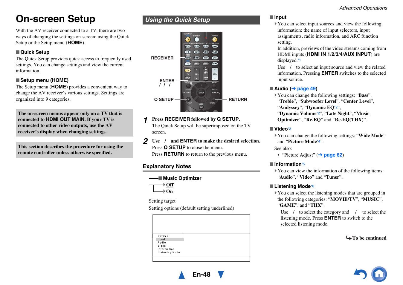 Advanced operations, On-screen setup, Using the quick setup | Button, See “on-screen setup, Details, Setup, En-48 | Onkyo TX-NR717 User Manual | Page 48 / 148