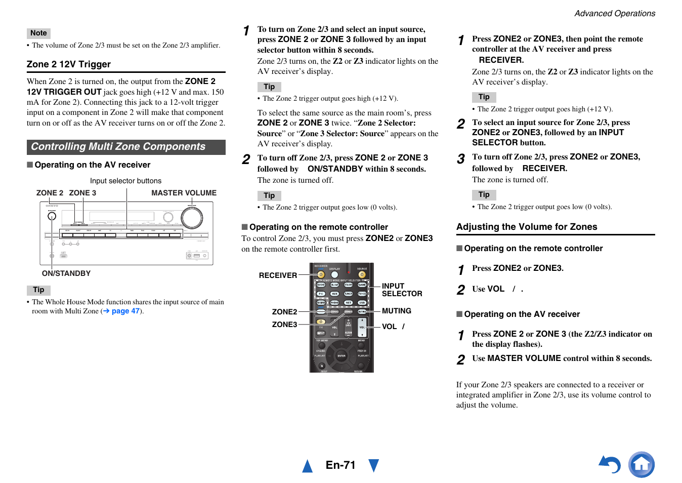 Controlling multi zone components, Cator, Adjusting the volume for zones | Onkyo TX-NR717 User Manual | Page 71 / 148