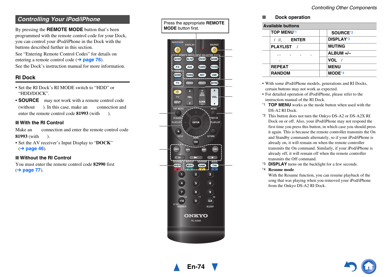 Controlling your ipod/iphone, En-74 | Onkyo TX-NR717 User Manual | Page 74 / 148