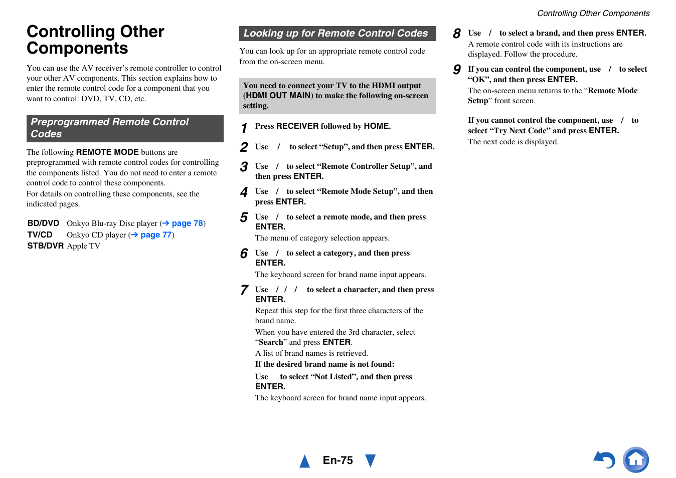 Controlling other components, Preprogrammed remote control codes, Looking up for remote control codes | Step 5 of “looking up for remote control codes, See “looking up for remote control codes | Onkyo TX-NR717 User Manual | Page 75 / 148