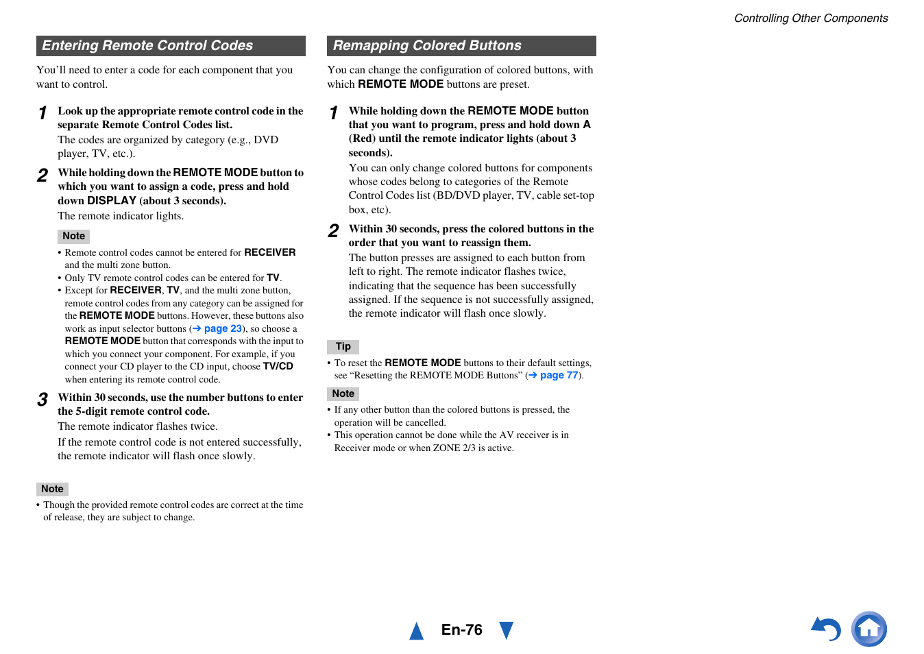 Entering remote control codes, Remapping colored buttons, E “entering remote control codes | Ails, See “entering remote control codes” for details | Onkyo TX-NR717 User Manual | Page 76 / 148