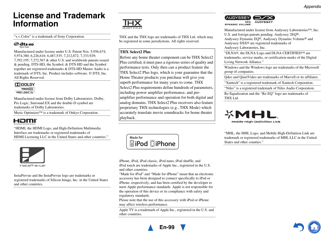 License and trademark information, En-99 | Onkyo TX-NR717 User Manual | Page 99 / 148