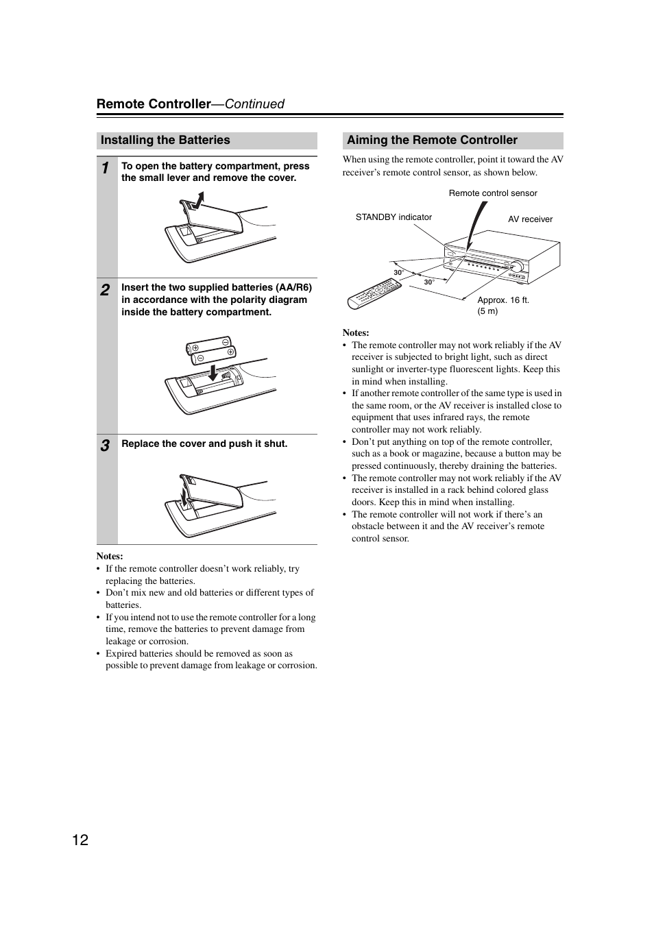 Installing the batteries, Aiming the remote controller, L sensor (12) | Remote controller —continued | Onkyo TXSR307 User Manual | Page 12 / 72