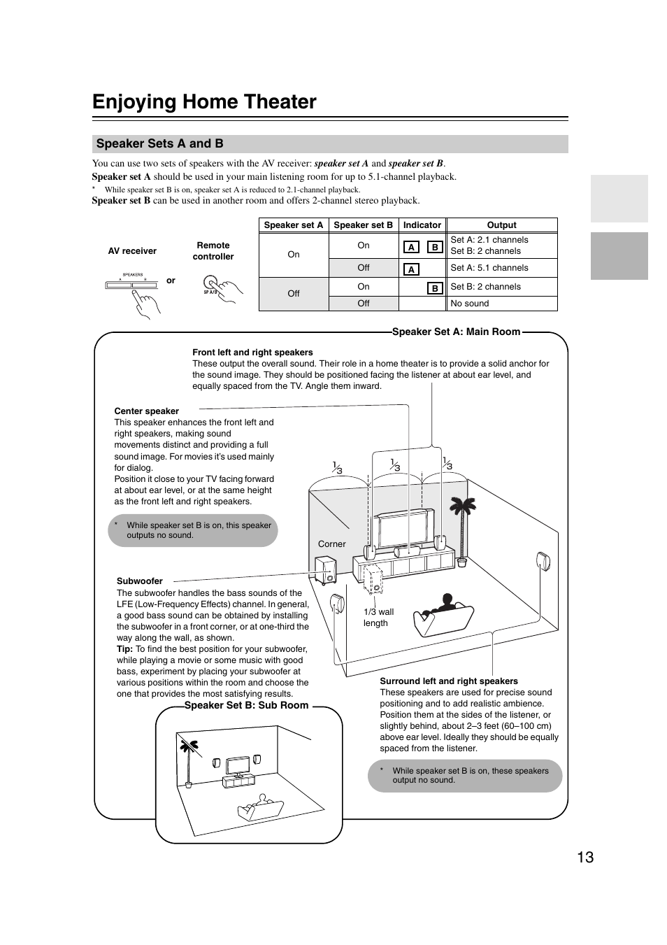 Enjoying home theater, Speaker sets a and b, Connection | Ttons (13, Tton (13 | Onkyo TXSR307 User Manual | Page 13 / 72