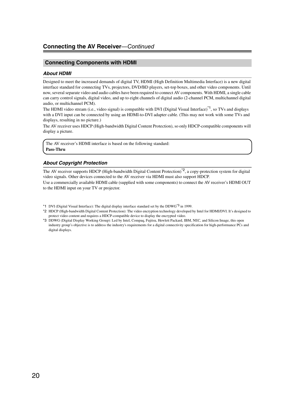 Connecting components with hdmi, Connecting the av receiver —continued | Onkyo TXSR307 User Manual | Page 20 / 72