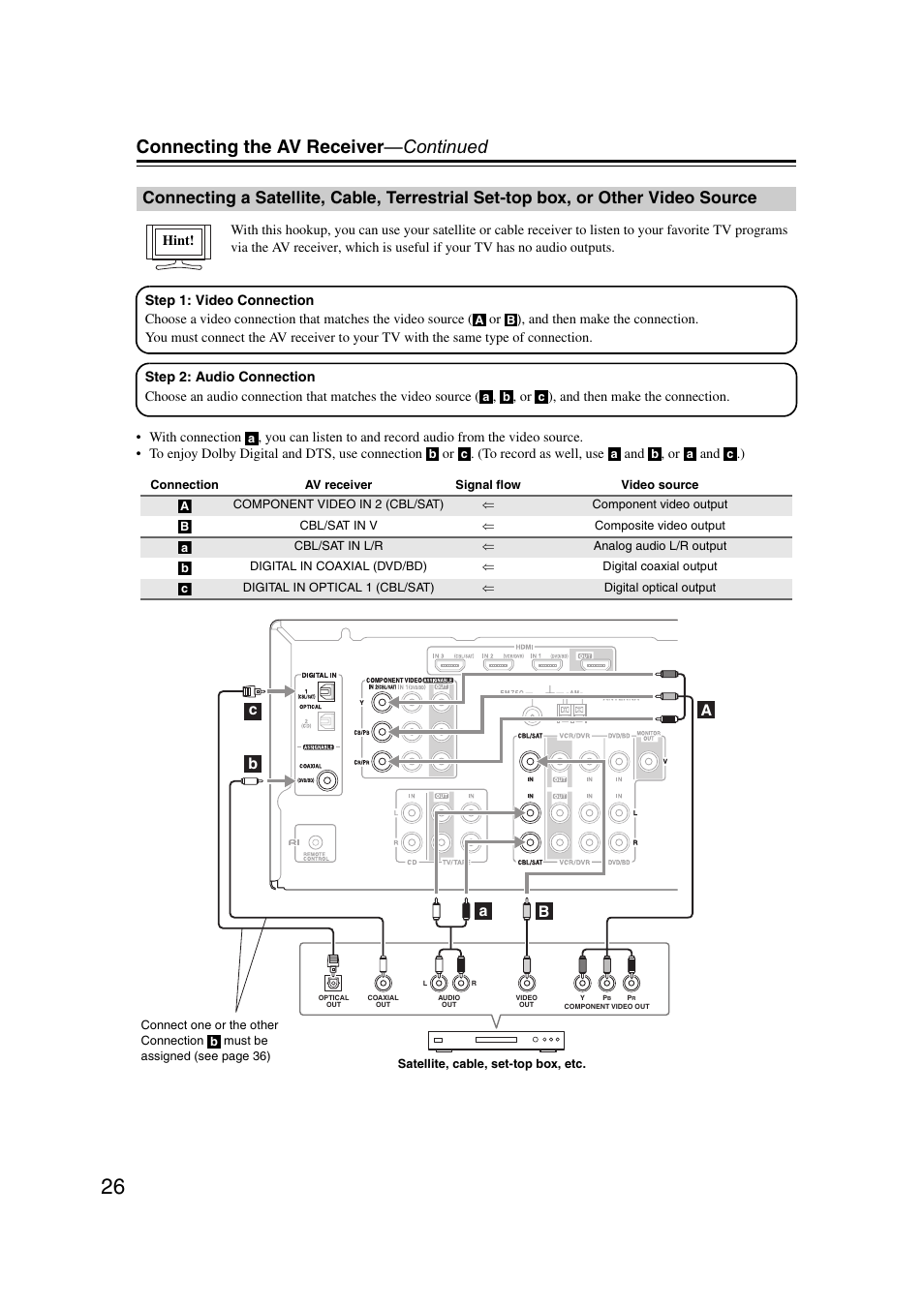 Connecting a satellite, cable, terrestrial, Set-top box, or other video source, Connecting the av receiver —continued | Onkyo TXSR307 User Manual | Page 26 / 72