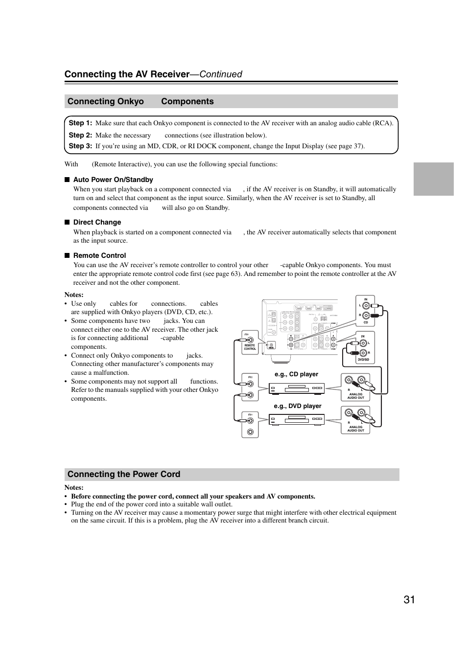 Connecting onkyo ri components, Connecting the power cord, Connecting onkyo | Connecting the av receiver —continued, Connecting onkyo components | Onkyo TXSR307 User Manual | Page 31 / 72
