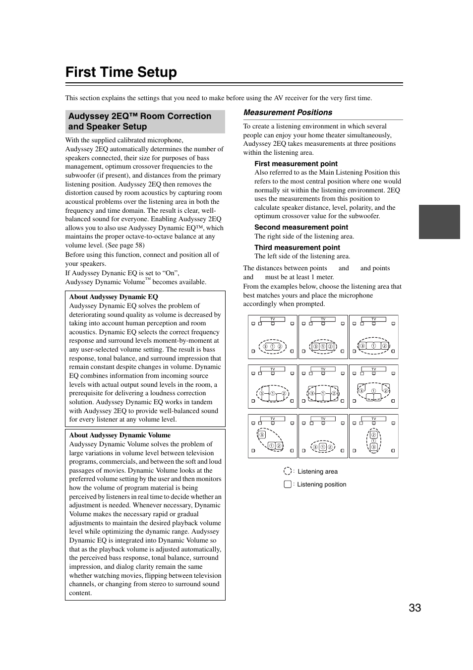 First time setup, Audyssey 2eqtm room correction and speaker setup, Audyssey 2eq™ room correction and | Speaker setup, Audyssey 2eq™ room correction and speaker setup | Onkyo TXSR307 User Manual | Page 33 / 72