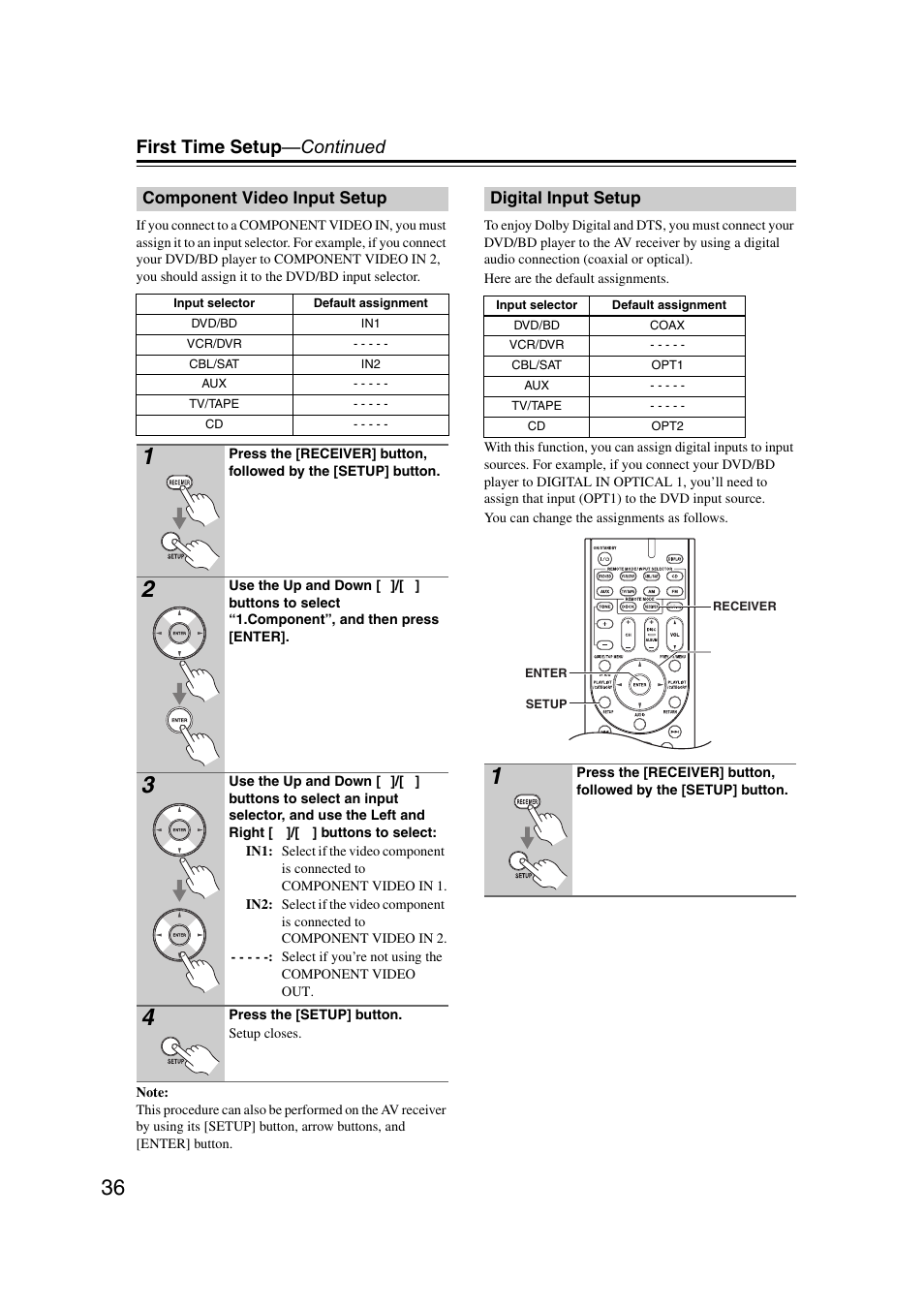 Component video input setup, Digital input setup, Component video input setup digital input setup | First time setup —continued | Onkyo TXSR307 User Manual | Page 36 / 72