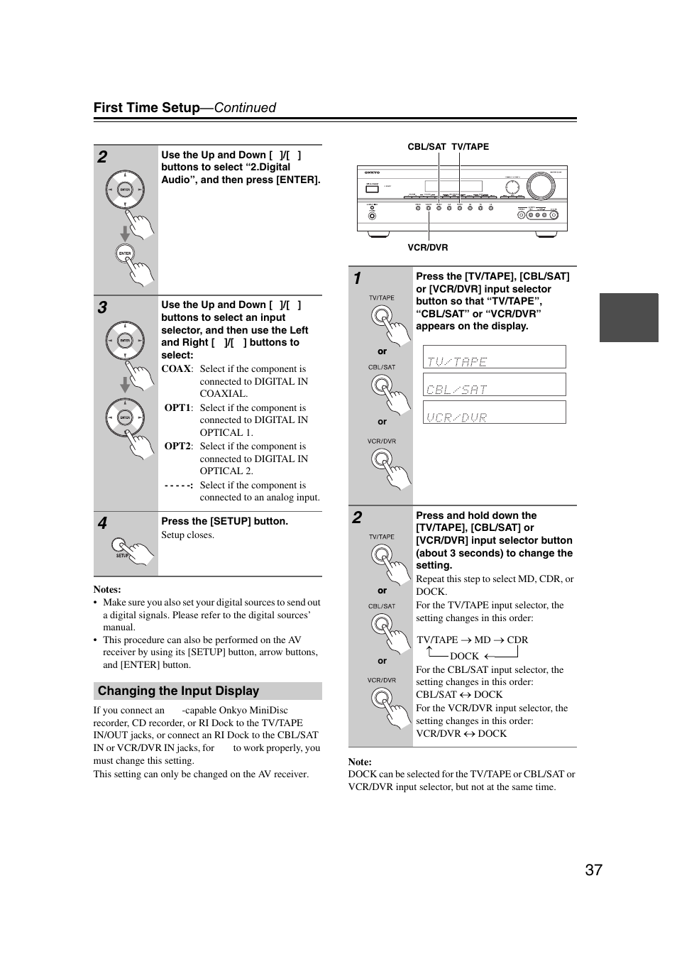 Changing the input display, First time setup —continued | Onkyo TXSR307 User Manual | Page 37 / 72