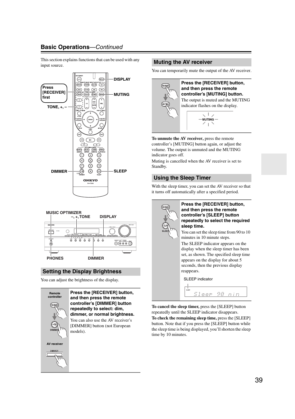 Setting the display brightness, Muting the av receiver, Using the sleep timer | Tor (39), Basic operations —continued | Onkyo TXSR307 User Manual | Page 39 / 72
