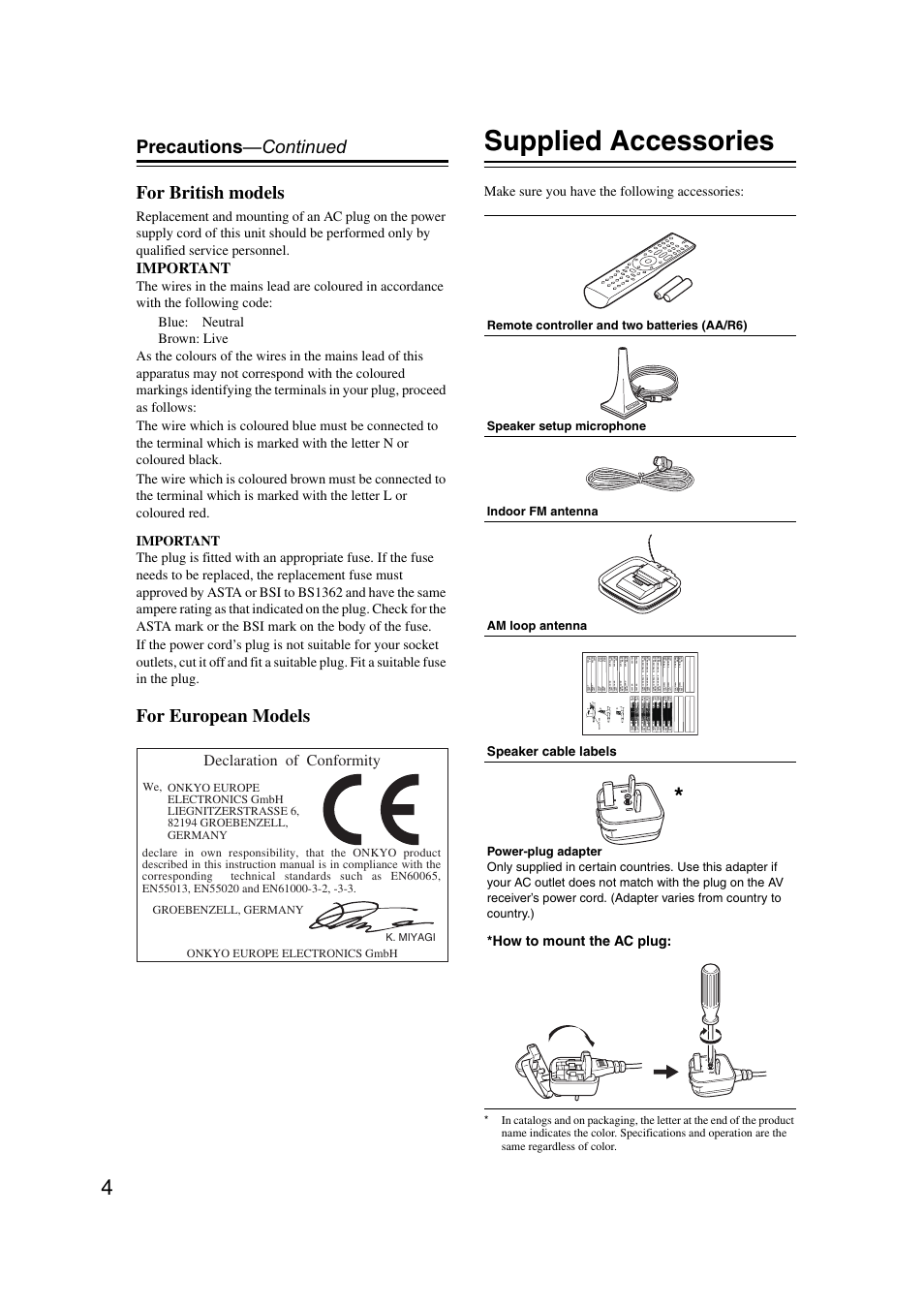 Supplied accessories, Precautions —continued for british models, For european models | Onkyo TXSR307 User Manual | Page 4 / 72