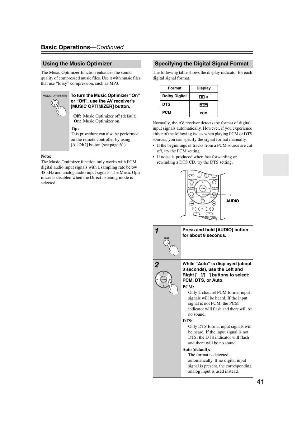 Using the music optimizer, Specifying the digital signal format, Basic operations —continued | Onkyo TXSR307 User Manual | Page 41 / 72