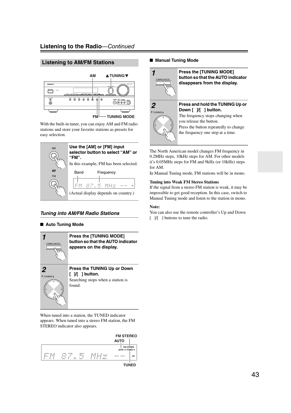 Listening to am/fm stations, Eo (43), Tuned (43) | Listening to the radio —continued | Onkyo TXSR307 User Manual | Page 43 / 72