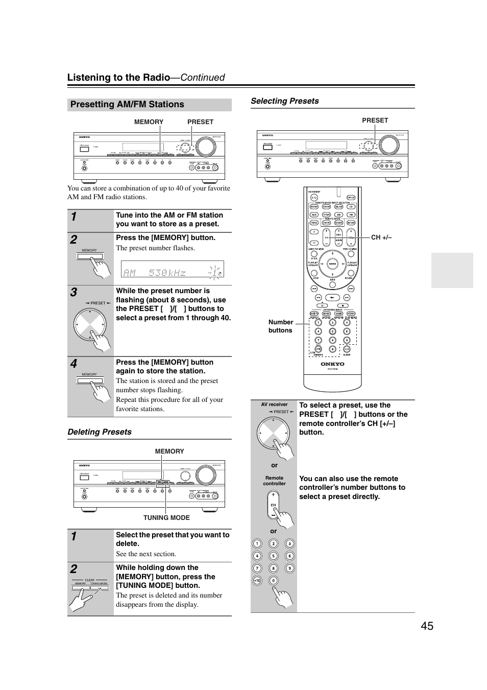 Presetting am/fm stations, Tton (45), Listening to the radio —continued | Onkyo TXSR307 User Manual | Page 45 / 72