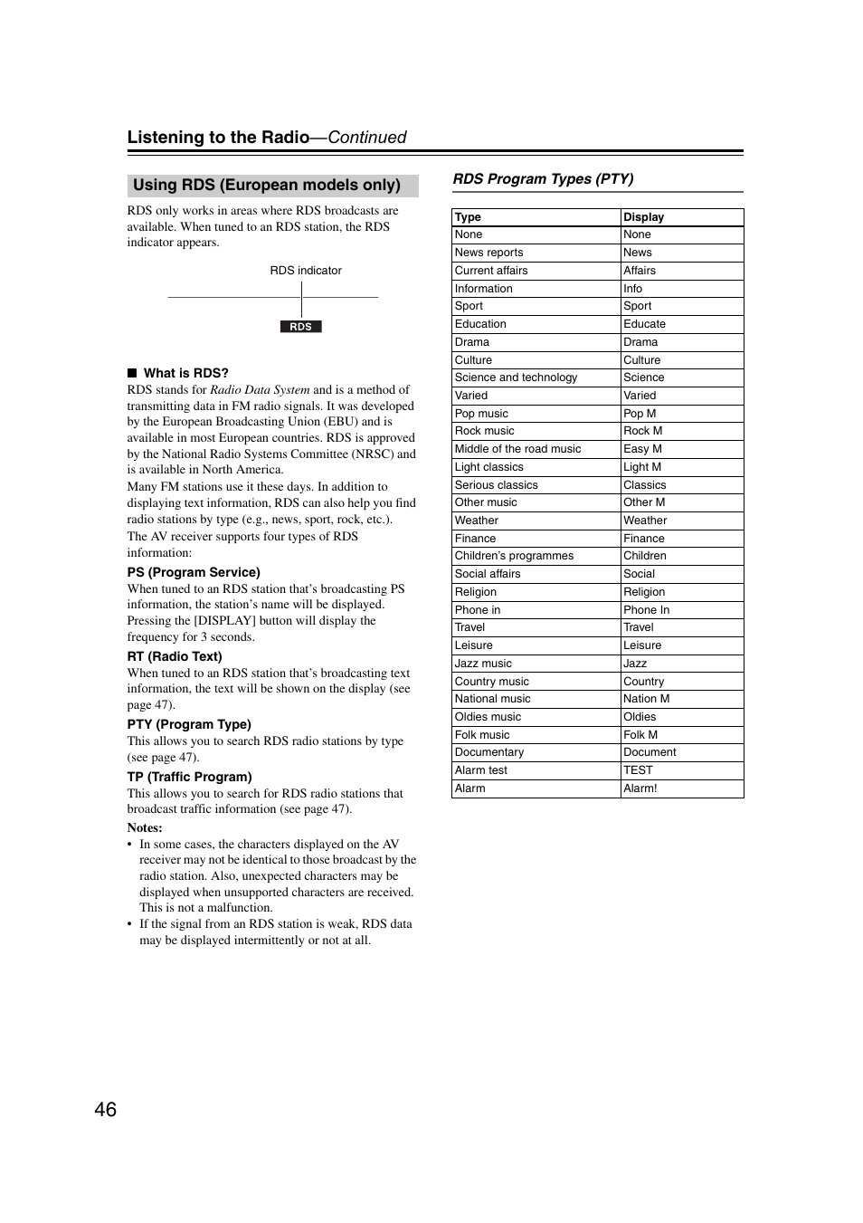 Using rds (european models only), Rds (46), Listening to the radio —continued | Onkyo TXSR307 User Manual | Page 46 / 72