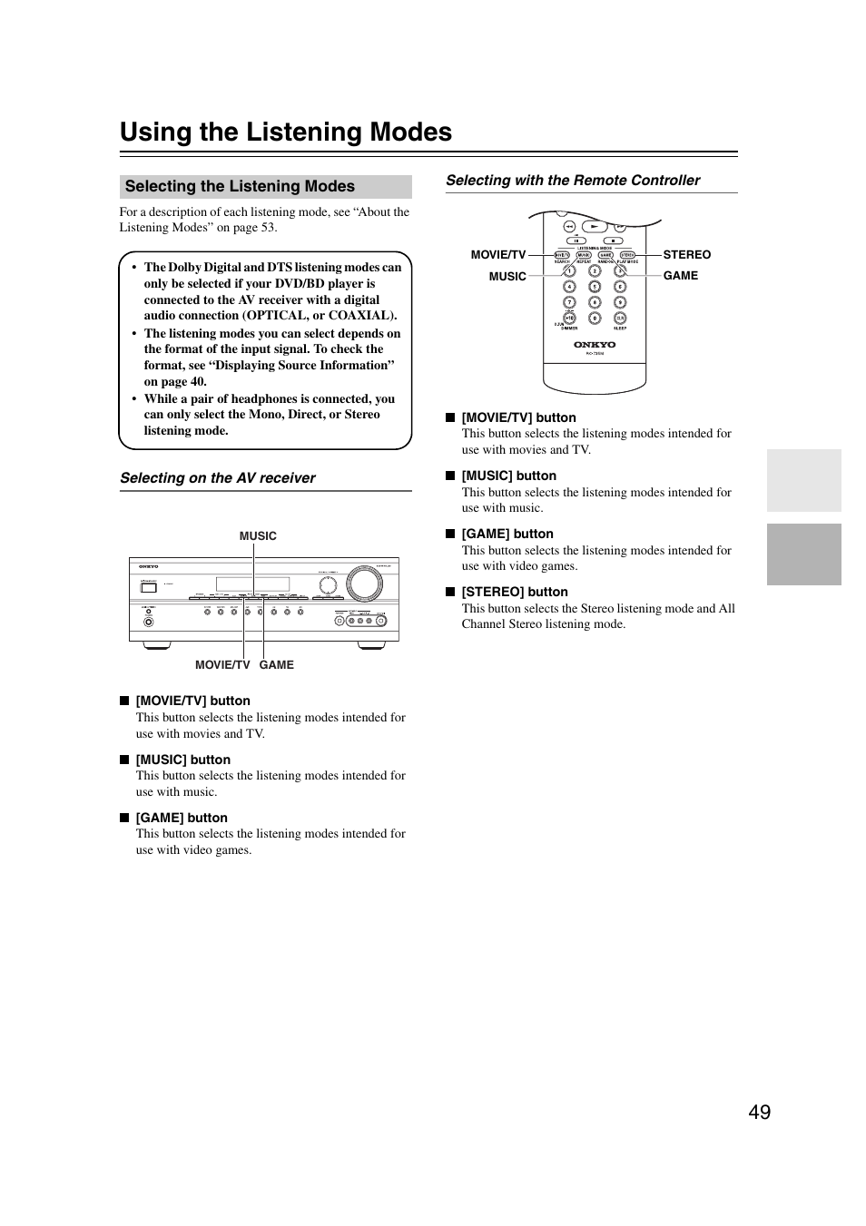 Using the listening modes, Selecting the listening modes, Tton (49) | S (49), Ttons (49) | Onkyo TXSR307 User Manual | Page 49 / 72