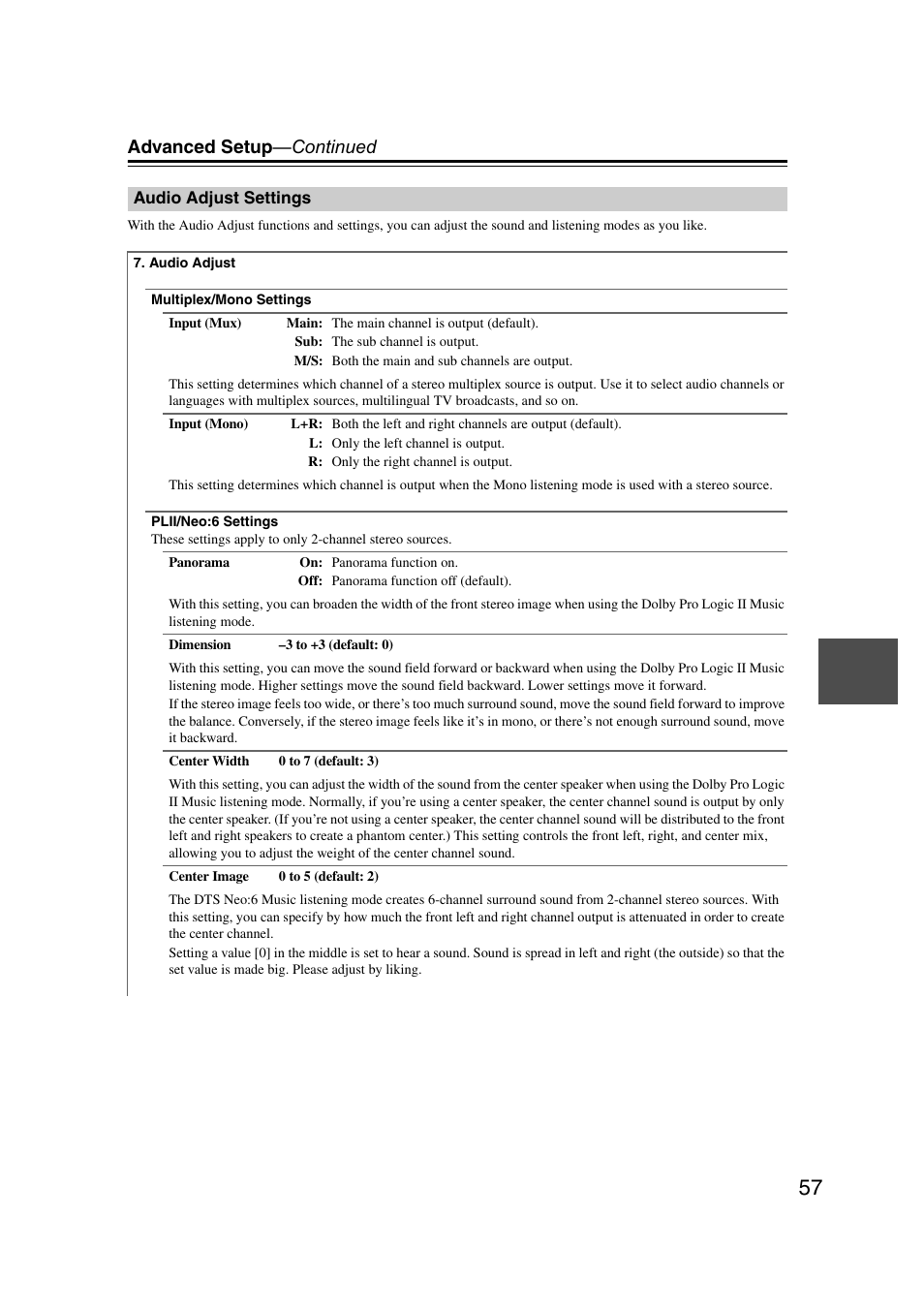 Audio adjust settings, Advanced setup —continued | Onkyo TXSR307 User Manual | Page 57 / 72