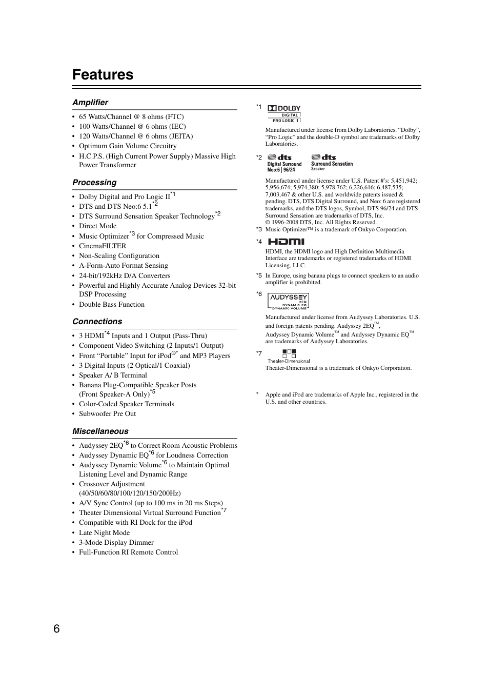Features | Onkyo TXSR307 User Manual | Page 6 / 72