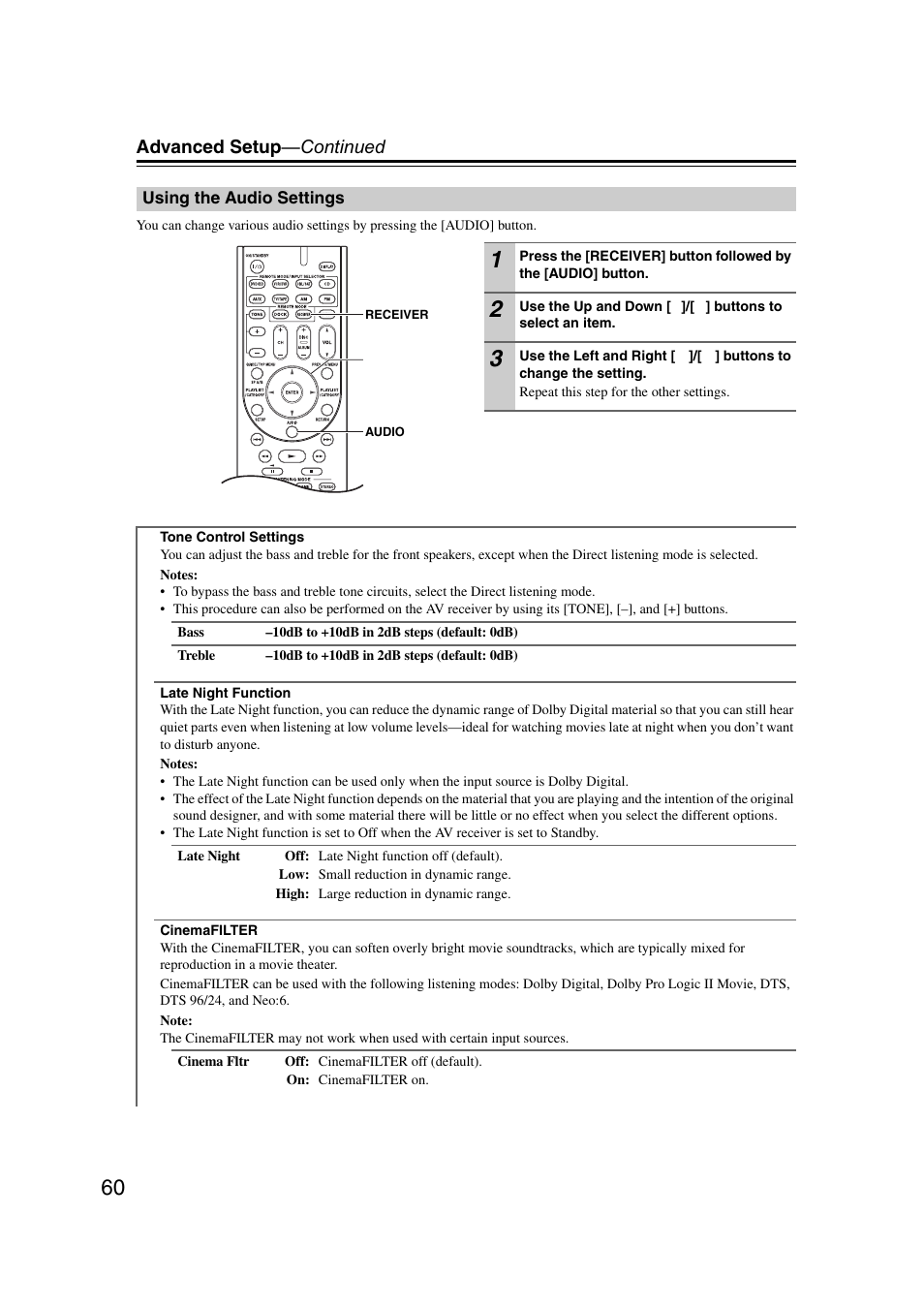 Using the audio settings, Tton (41, 60), Advanced setup —continued | Onkyo TXSR307 User Manual | Page 60 / 72