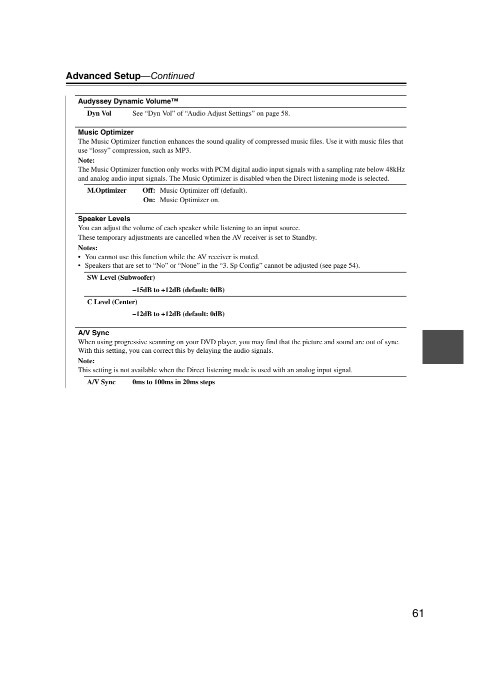 Advanced setup —continued | Onkyo TXSR307 User Manual | Page 61 / 72