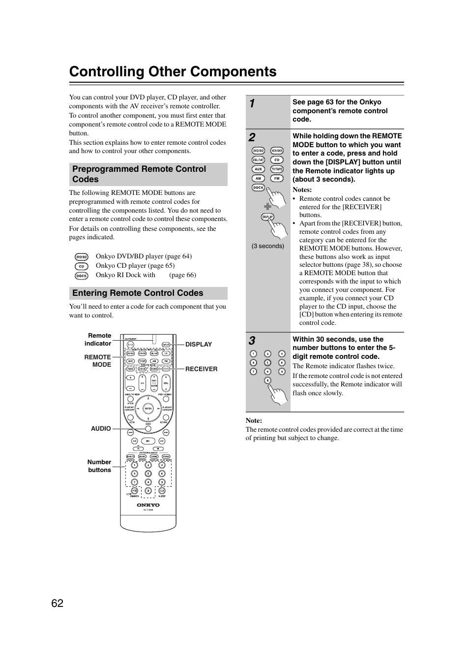 Controlling other components, Preprogrammed remote control codes, Entering remote control codes | Onkyo TXSR307 User Manual | Page 62 / 72